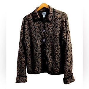 Chico’s Gold Floral Sparkle Pattern on Black. Women’s Size 3 Silver Buttons